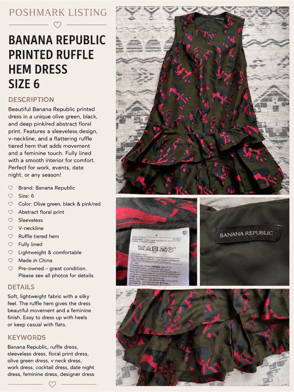 Banana Republic Olive Green & Pink Ruffle Hem Dress